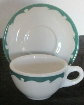 Buffalo China Ironstone Restaurant Crest Green Wave Pat Cup & Saucer (29 Avail)