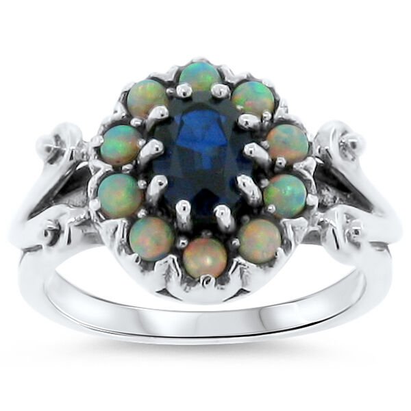 Blue Lab Sapphire & Opal Antique Design .925 Sterling Silver Ring,          #311