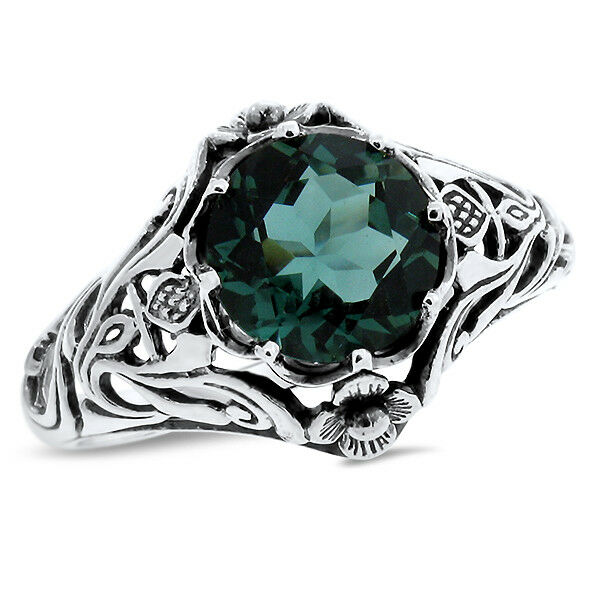 Green Sim Emerald .925 Sterling Scottish Thistle Nouveau Silver Ring,       #757