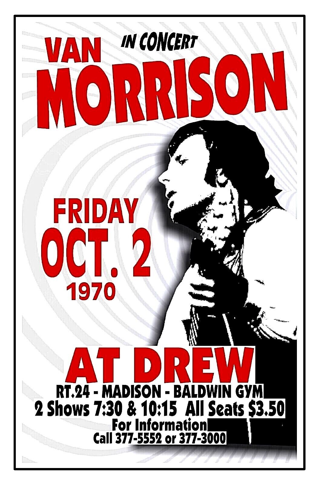 Van Morrison 1970 Concert Poster At Drew Baldwin Gym Madison Nj Gig Poster