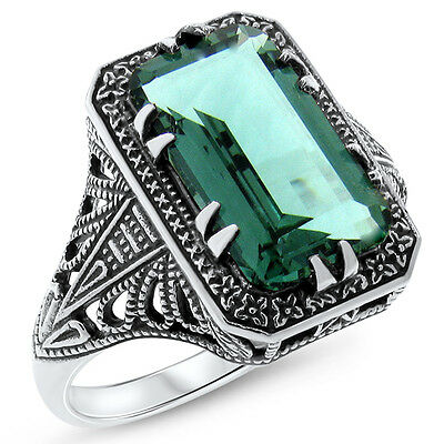 5 Ct Green Sim Emerald Art Deco Antique Style 925 Sterling Silver Ring      #393