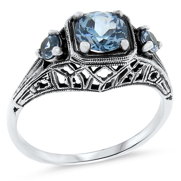 Sim Aquamarine Antique Art Deco Style .925 Sterling Silver Ring,            #131
