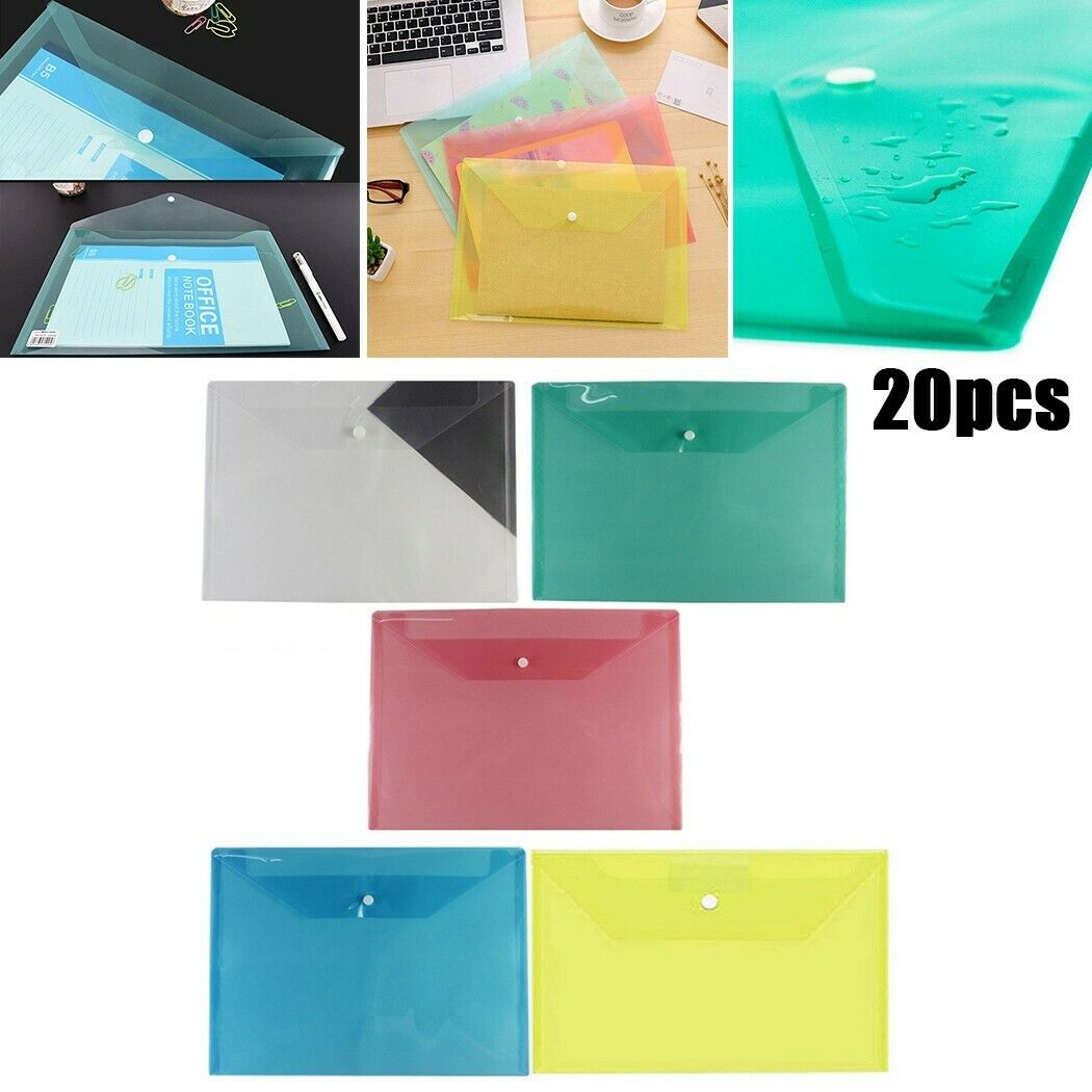 20pcs Document Wallet Transparent Plastic Button A4 File Bag Hide Buckle