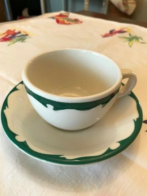 Vintage Buffalo Restaurant China Green Scroll Cup & Saucer