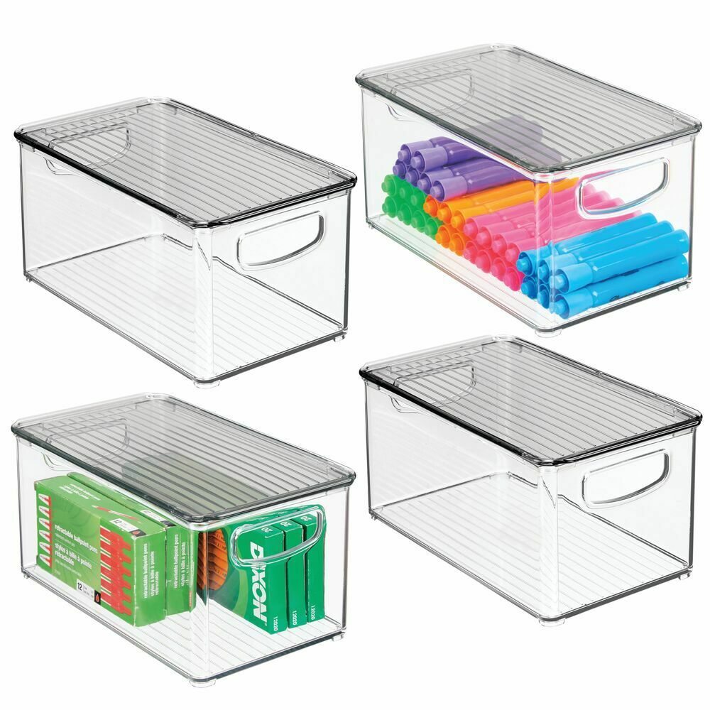 Mdesign Plastic Storage Bin, Lid For Home Office Workspace, 4 Pack - Clear/smoke